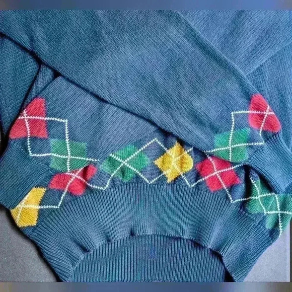 LA MODE Hand Intarsia Sweater Men's Extra Large Blue Argyle Cotton Vintage - Picture 2 of 10